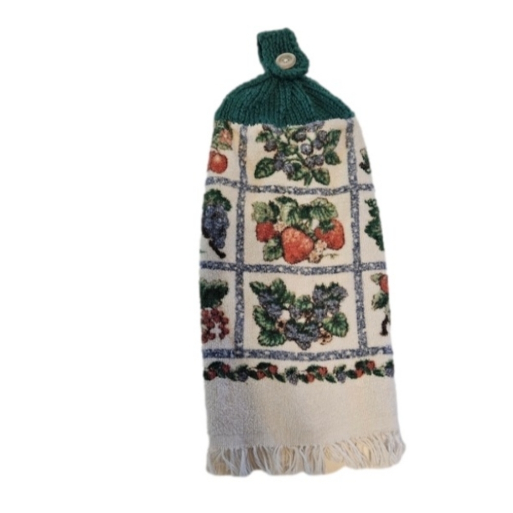 Hand Crafted handmade  green crochet top kitchen dish towels strawberry rustic